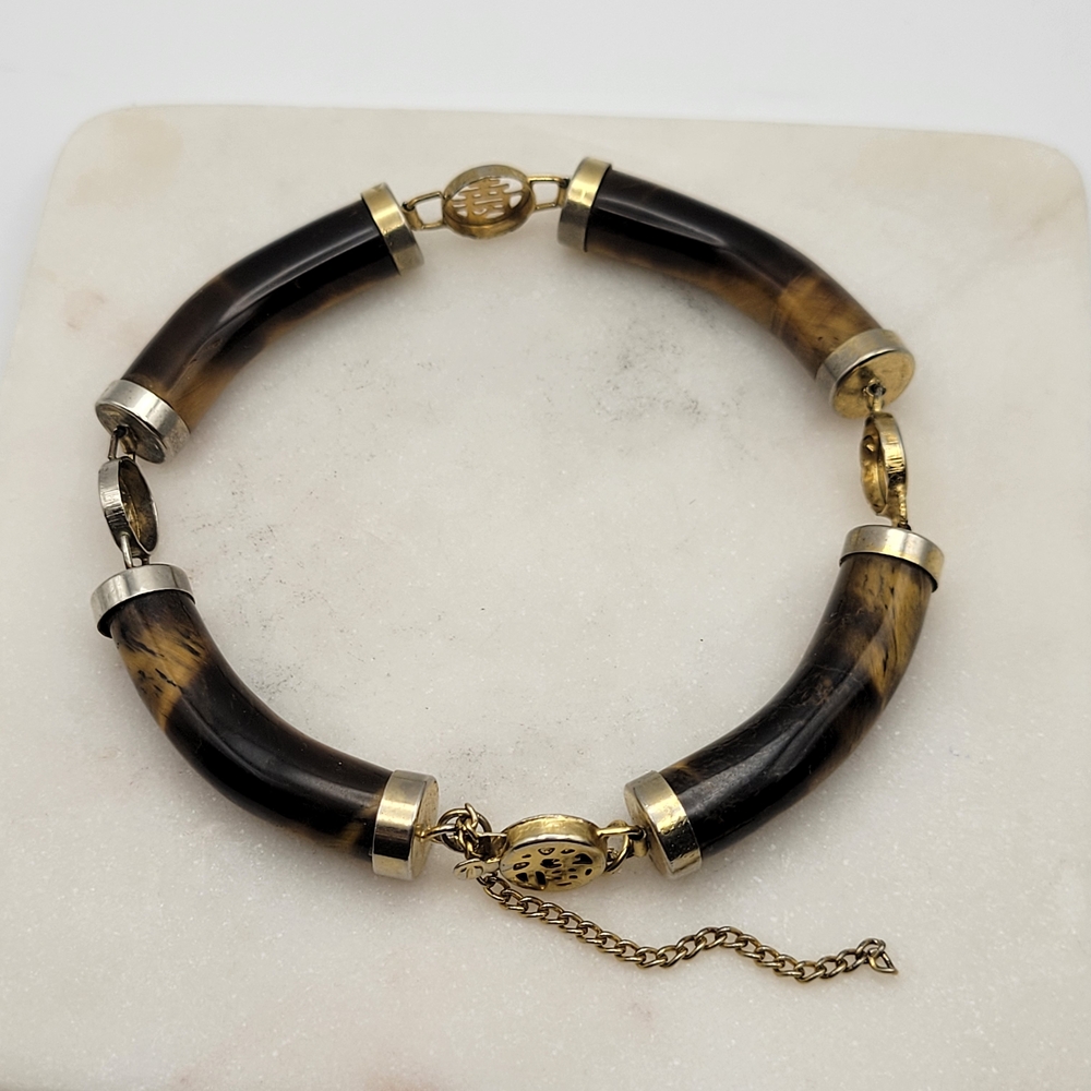 Curved Genuine Tiger's Eye Gold Tone Bracelet